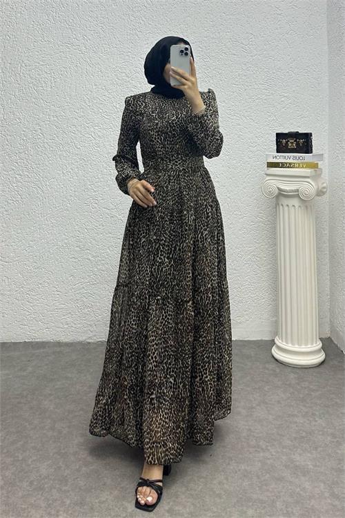 Dipmoda kadın kemerli leopar desenli tesettür elbise NMS006 