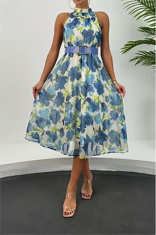 Dipmoda kadın kemerli midi boy şifon elbise DPMY3432