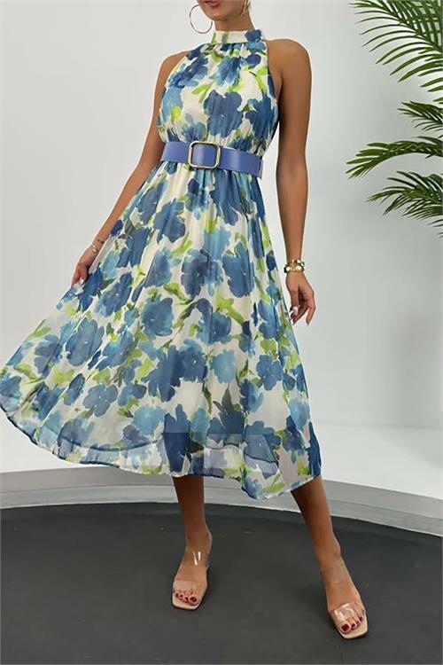 Dipmoda kadın kemerli midi boy şifon elbise DPMY3432