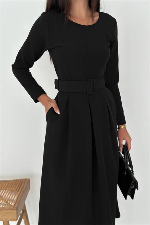 Dipmoda kadın kemerli midi boy uzun kollu elbise DPK067