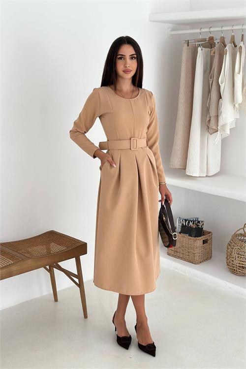 Dipmoda kadın kemerli midi boy uzun kollu elbise DPK067