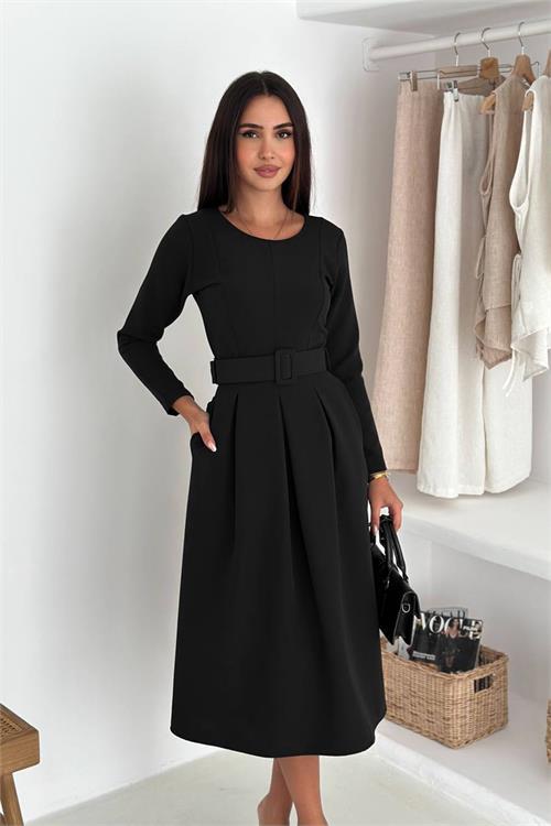 Dipmoda kadın kemerli midi boy uzun kollu elbise DPK067