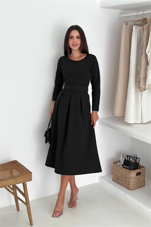 Dipmoda kadın kemerli midi boy uzun kollu elbise DPK067