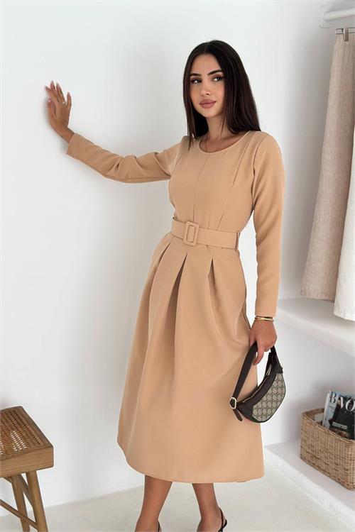 Dipmoda kadın kemerli midi boy uzun kollu elbise DPK067