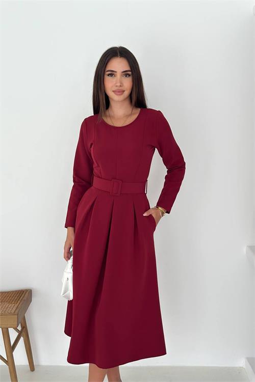 Dipmoda kadın kemerli midi boy uzun kollu elbise DPK067