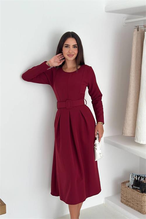 Dipmoda kadın kemerli midi boy uzun kollu elbise DPK067