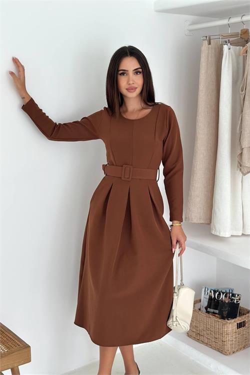 Dipmoda kadın kemerli midi boy uzun kollu elbise DPK067
