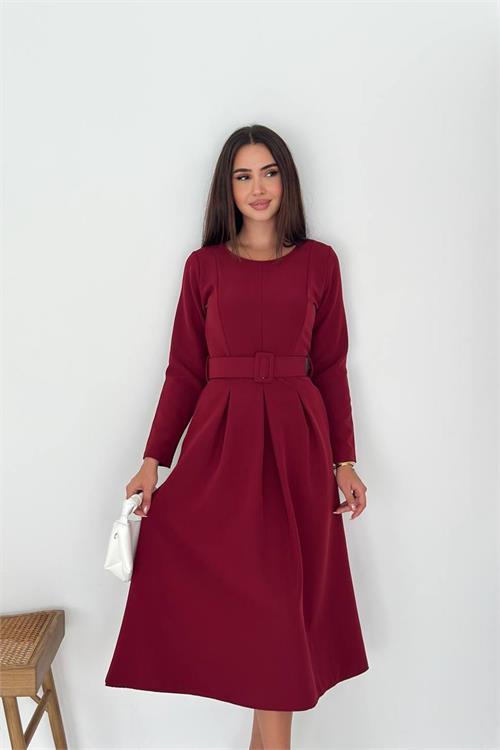 Dipmoda kadın kemerli midi boy uzun kollu elbise DPK067