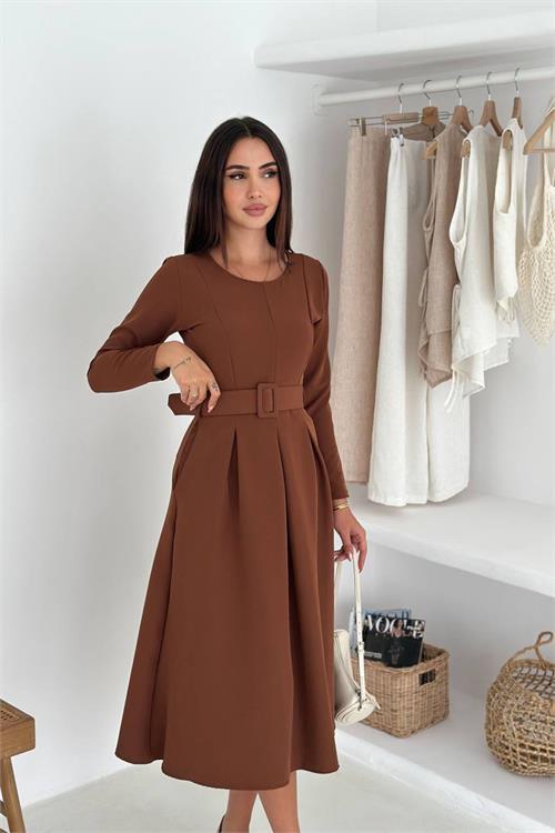 Dipmoda kadın kemerli midi boy uzun kollu elbise DPK067