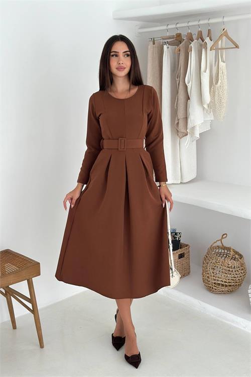 Dipmoda kadın kemerli midi boy uzun kollu elbise DPK067