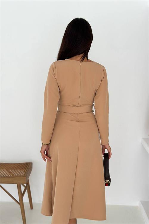 Dipmoda kadın kemerli midi boy uzun kollu elbise DPK067