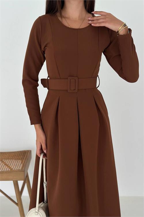 Dipmoda kadın kemerli midi boy uzun kollu elbise DPK067