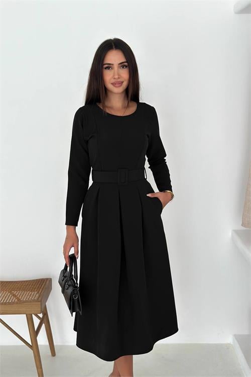 Dipmoda kadın kemerli midi boy uzun kollu elbise DPK067