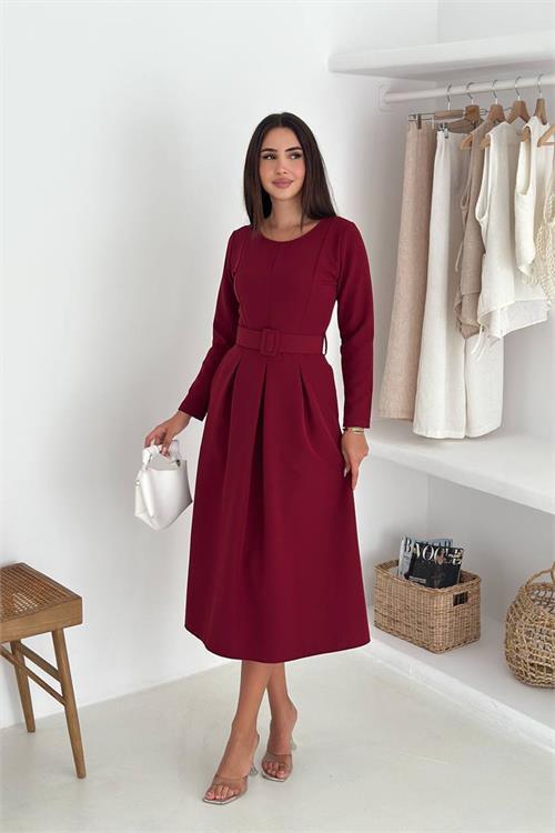 Dipmoda kadın kemerli midi boy uzun kollu elbise DPK067