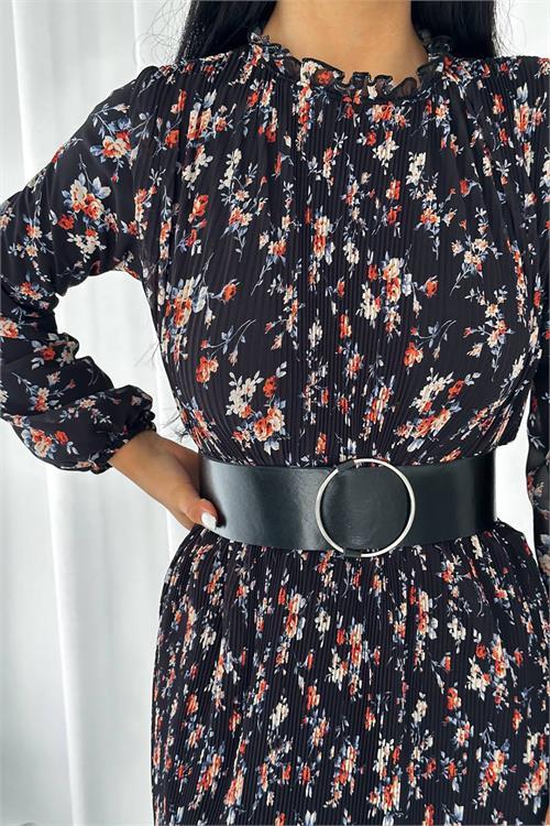 Dipmoda kadın kemerli piliseli şifon elbise KKLF13 - Siyah 