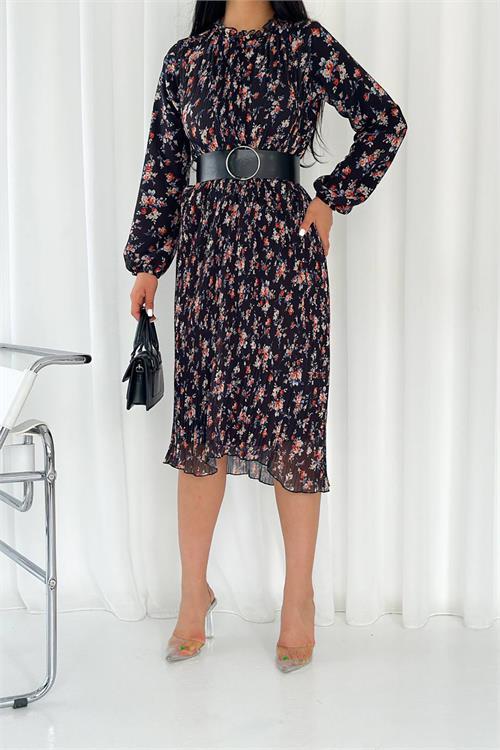 Dipmoda kadın kemerli piliseli şifon elbise KKLF13 - Siyah 