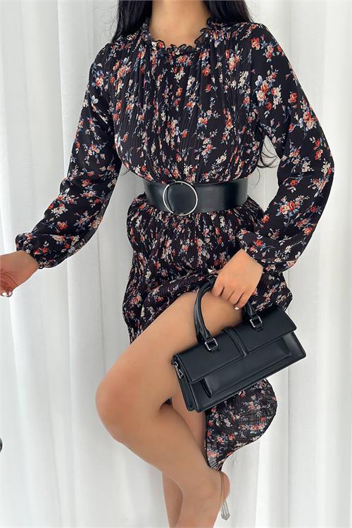 Dipmoda kadın kemerli piliseli şifon elbise KKLF13 - Siyah 