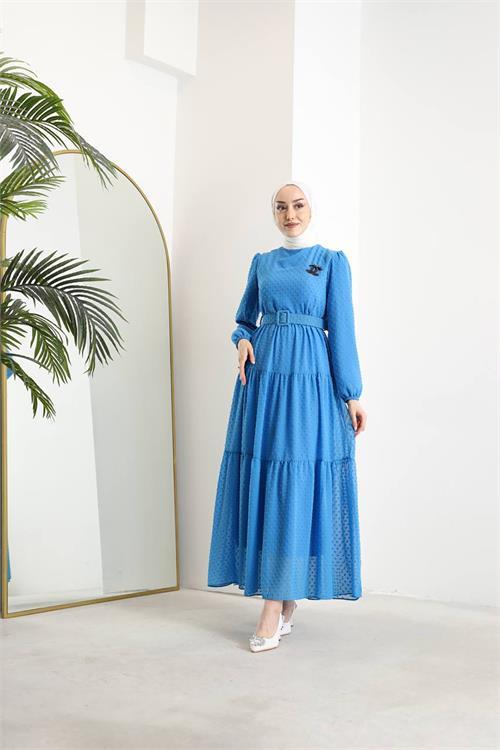 Dipmoda kadın kemerli ponpon şifon tesettür elbise SMS022 