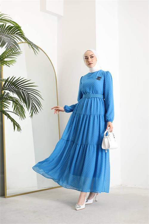 Dipmoda kadın kemerli ponpon şifon tesettür elbise SMS022 