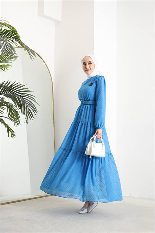 Dipmoda kadın kemerli ponpon şifon tesettür elbise SMS022 
