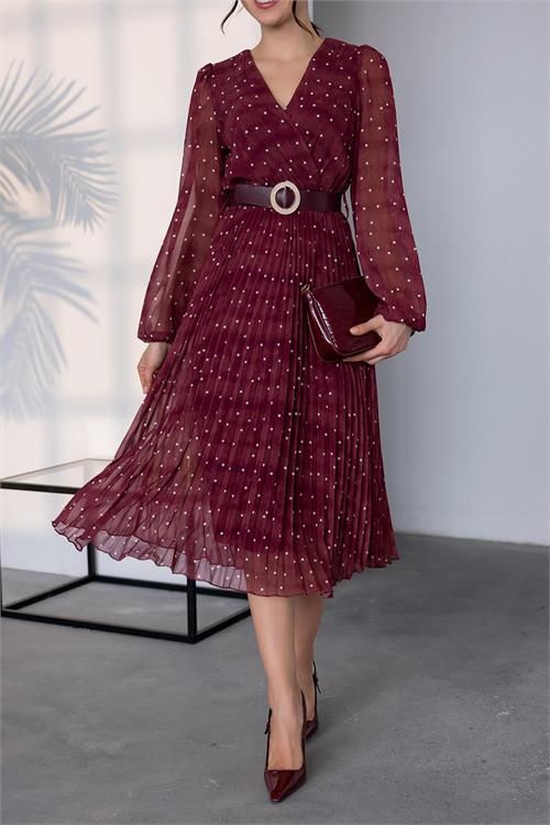 Dipmoda kadın kemerli puantiye desenli şifon elbise NBMY3286