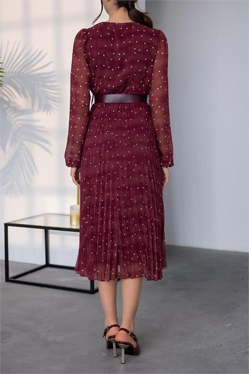 Dipmoda kadın kemerli puantiye desenli şifon elbise NBMY3286