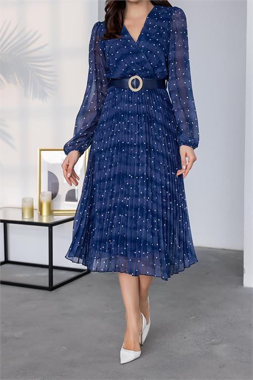 Dipmoda kadın kemerli puantiye desenli şifon elbise NBMY3286