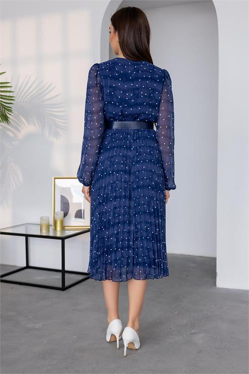Dipmoda kadın kemerli puantiye desenli şifon elbise NBMY3286