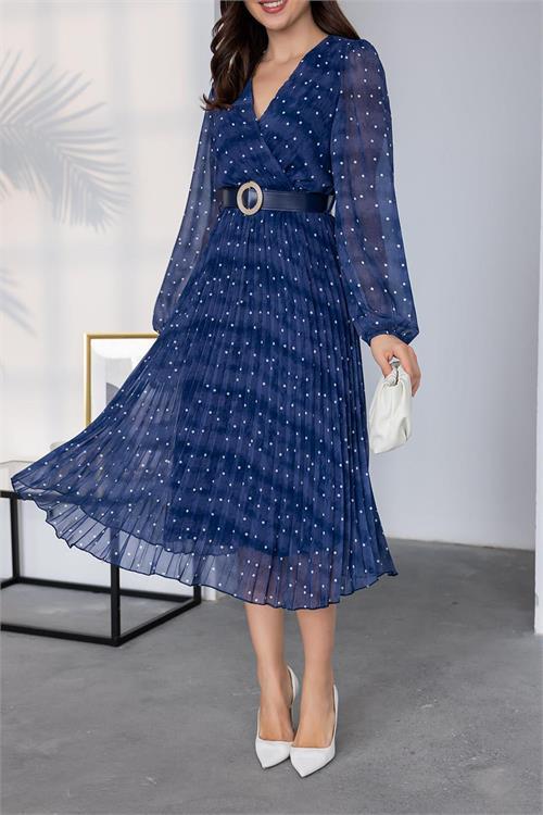 Dipmoda kadın kemerli puantiye desenli şifon elbise NBMY3286