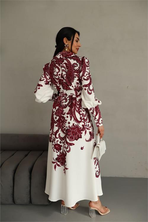 Dipmoda kadın kemerli uzun desenli gömlek elbise DPMS4220