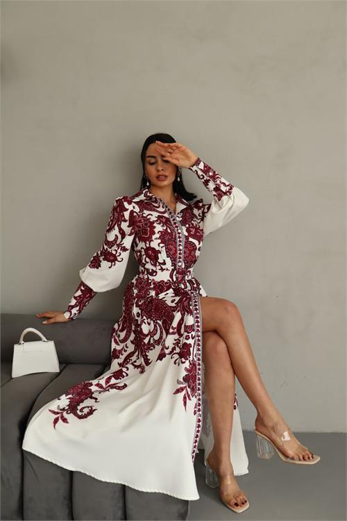 Dipmoda kadın kemerli uzun desenli gömlek elbise DPMS4220