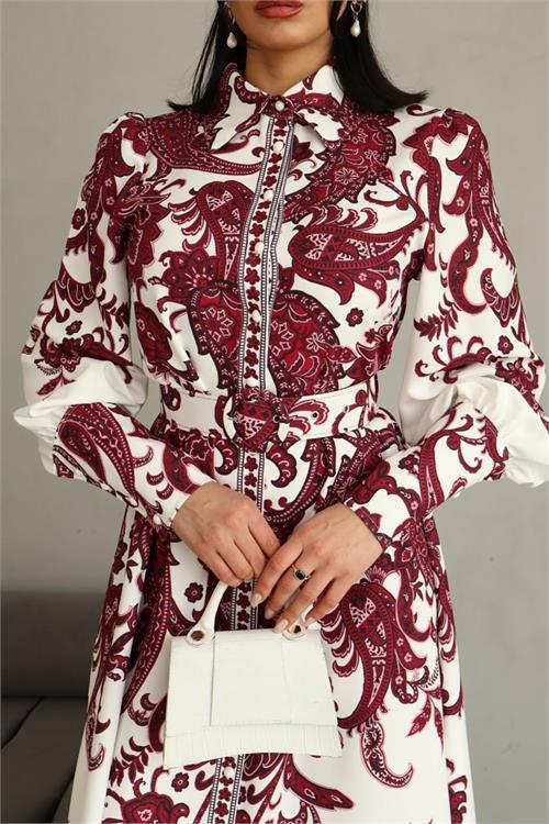 Dipmoda kadın kemerli uzun desenli gömlek elbise DPMS4220