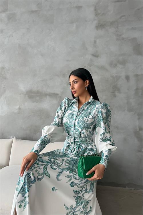 Dipmoda kadın kemerli uzun desenli gömlek elbise DPMS4220