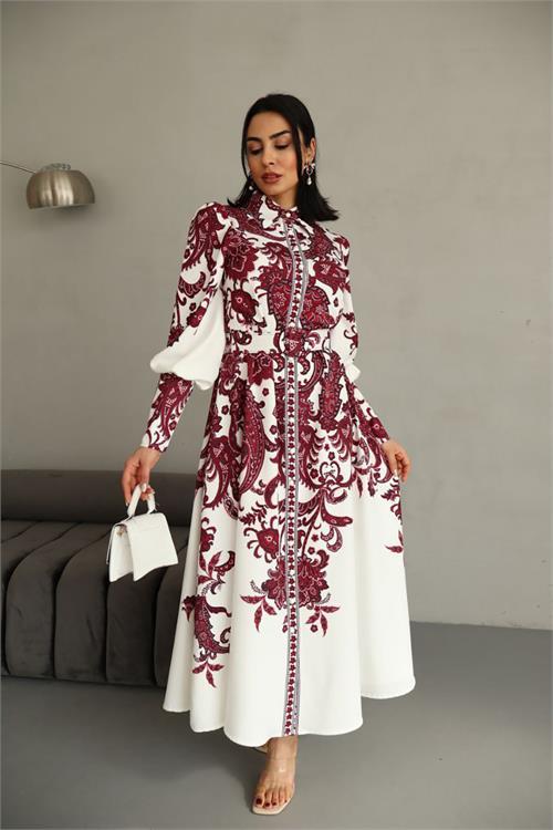 Dipmoda kadın kemerli uzun desenli gömlek elbise DPMS4220