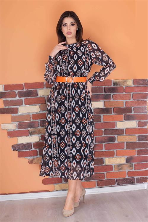 Dipmoda kadın kemerli yaka detaylı astarlı şifon elbise RY0032 