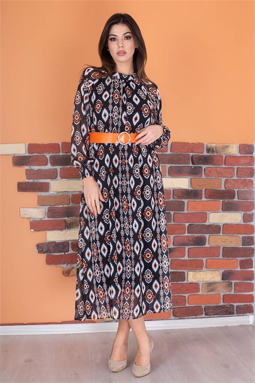 Dipmoda kadın kemerli yaka detaylı astarlı şifon elbise RY0032 