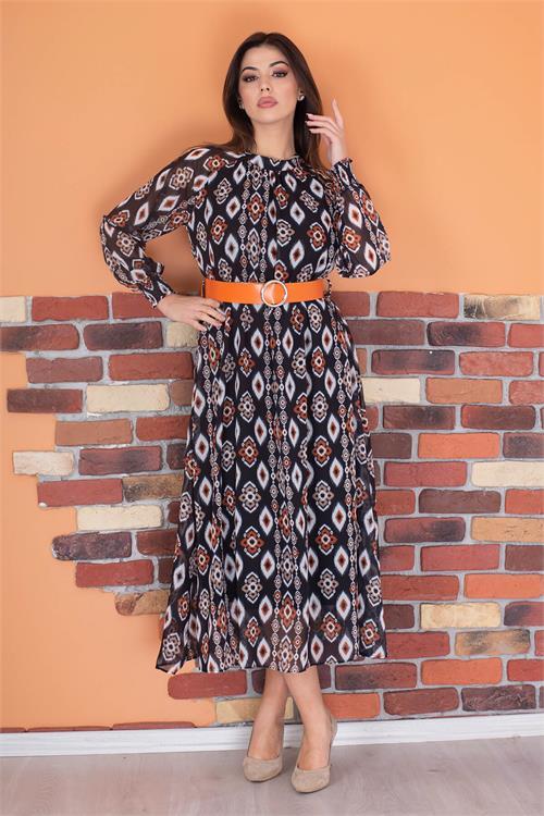 Dipmoda kadın kemerli yaka detaylı astarlı şifon elbise RY0032 