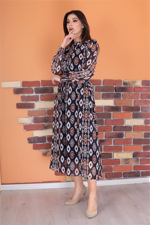 Dipmoda kadın kemerli yaka detaylı astarlı şifon elbise RY0032 