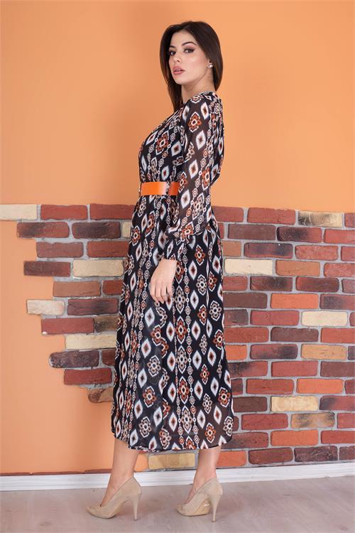 Dipmoda kadın kemerli yaka detaylı astarlı şifon elbise RY0032 