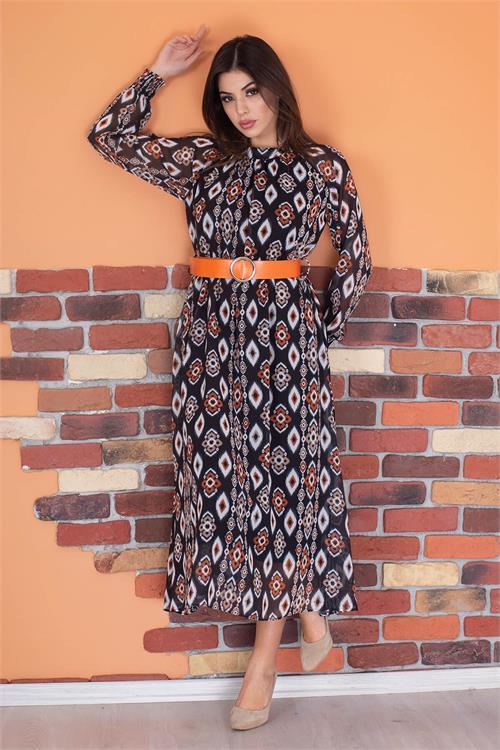 Dipmoda kadın kemerli yaka detaylı astarlı şifon elbise RY0032 