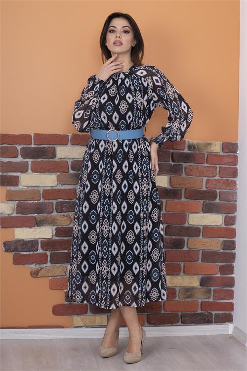 Dipmoda kadın kemerli yaka detaylı uzun şifon elbise RY0032 