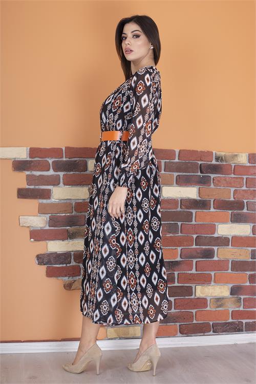 Dipmoda kadın kemerli yaka detaylı uzun şifon elbise RY0032 