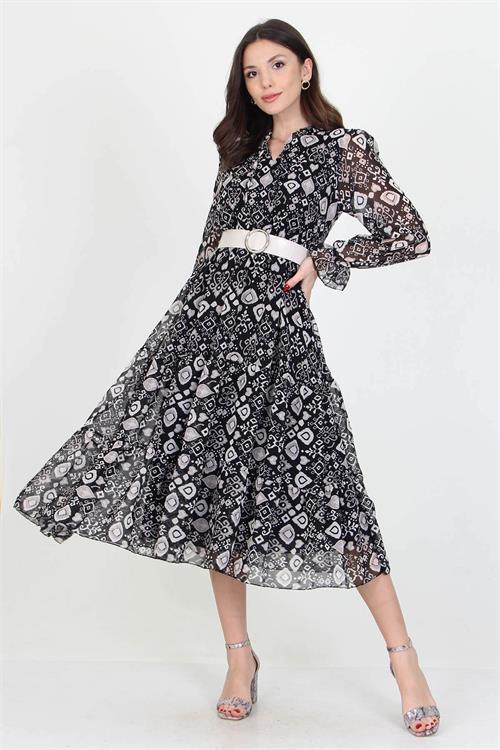 Dipmoda kadın kemerli yakası bağlama detaylı desenli şifon elbise RSSN02 