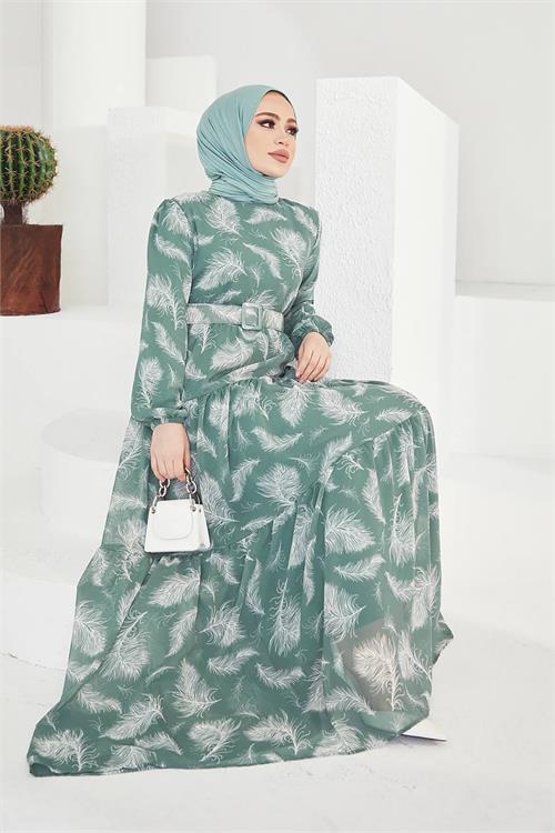 Dipmoda kadın kemerli yazlık desenli tesettür elbise SMS030 - Mint 