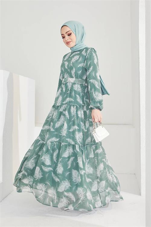 Dipmoda kadın kemerli yazlık desenli tesettür elbise SMS030 - Mint 