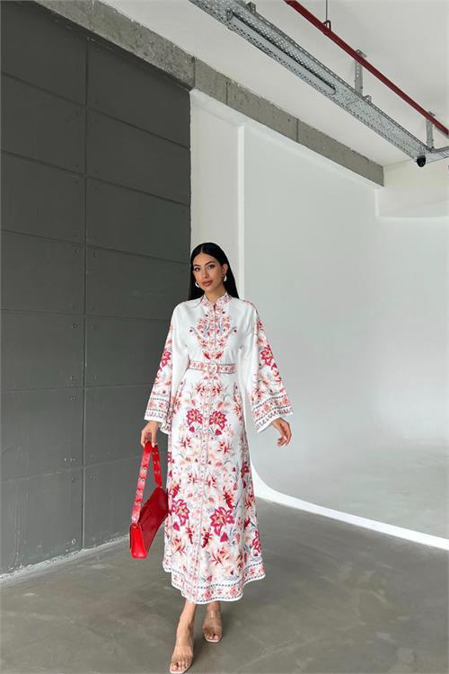 Dipmoda kadın kemerli yazlık uzun elbise DPMS4235