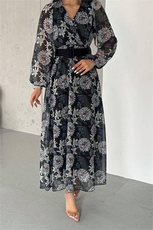 Dipmoda kadın kemerli yazlık uzun şifon elbise NBK2067-1 