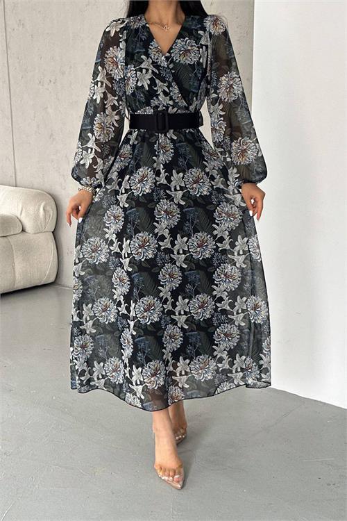 Dipmoda kadın kemerli yazlık uzun şifon elbise NBK2067-1 