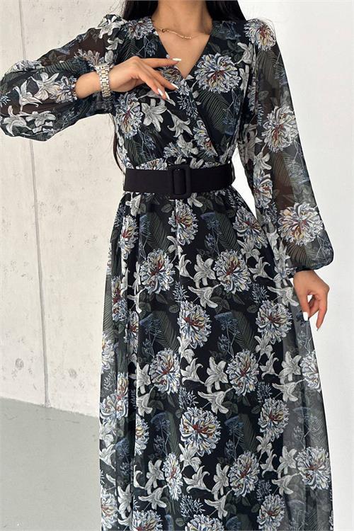 Dipmoda kadın kemerli yazlık uzun şifon elbise NBK2067-1 