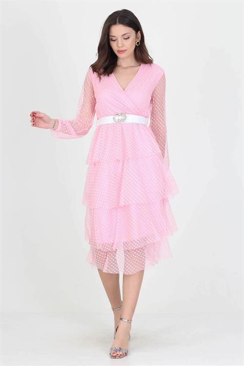 Dipmoda kadın kemerli yeni sezon midi boy eteği kat kat astarlı tül elbise RY10006 